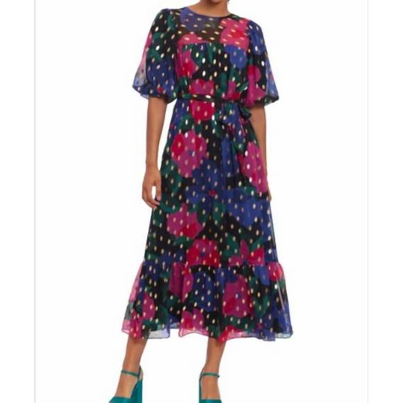 NEW DONNA MORGAN gold foil maxi dress in multi colored